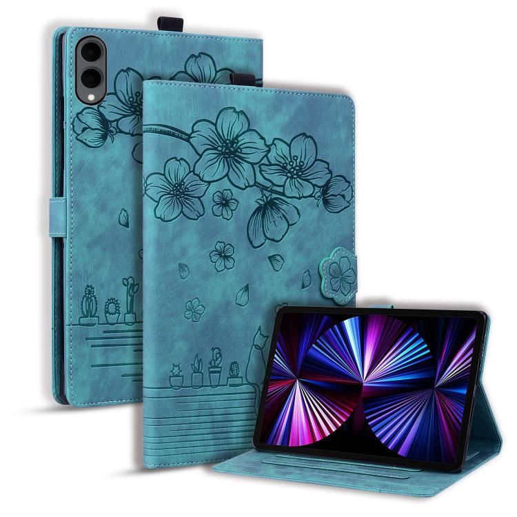 For Galaxy Tab S12+ Cartoon Sakura Cat Embossed Smart Leather Tablet Case(Green)