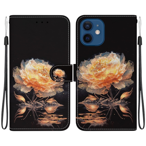 

For iPhone 12 mini Crystal Texture Colored Drawing Leather Phone Case(Gold Peony)