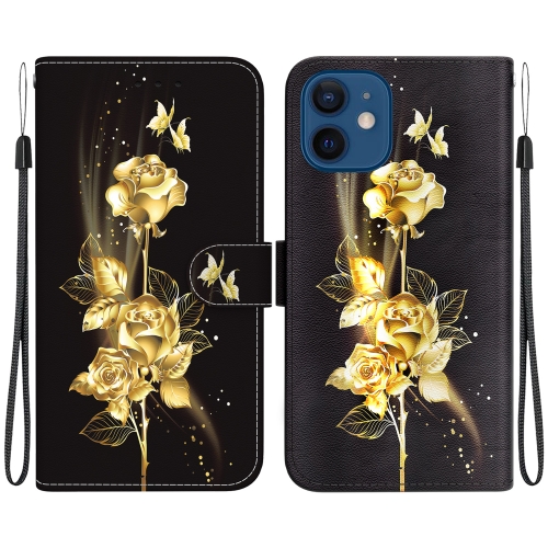 

For iPhone 12 mini Crystal Texture Colored Drawing Leather Phone Case(Gold Butterfly Rose)