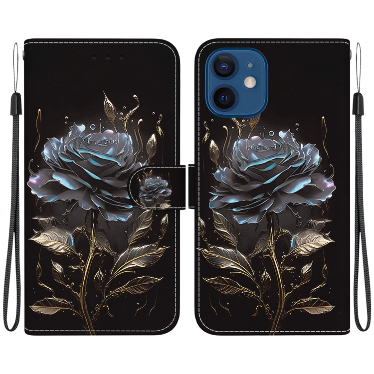 

For iPhone 12 mini Crystal Texture Colored Drawing Leather Phone Case(Black Rose)