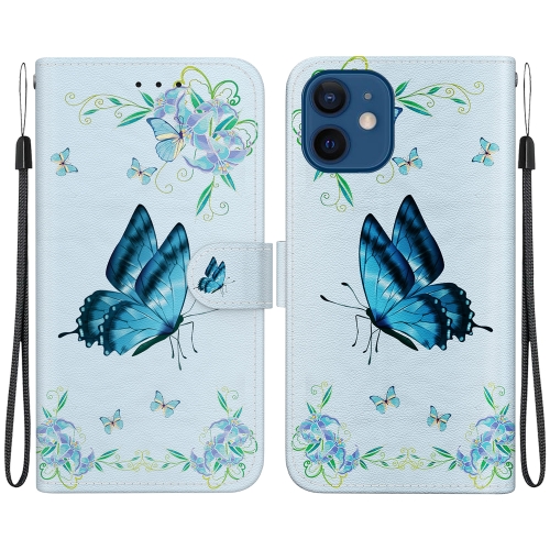 

For iPhone 12 mini Crystal Texture Colored Drawing Leather Phone Case(Blue Pansies)