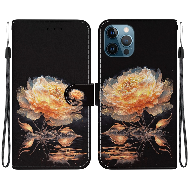 

For iPhone 12 Pro Max Crystal Texture Colored Drawing Leather Phone Case(Gold Peony)