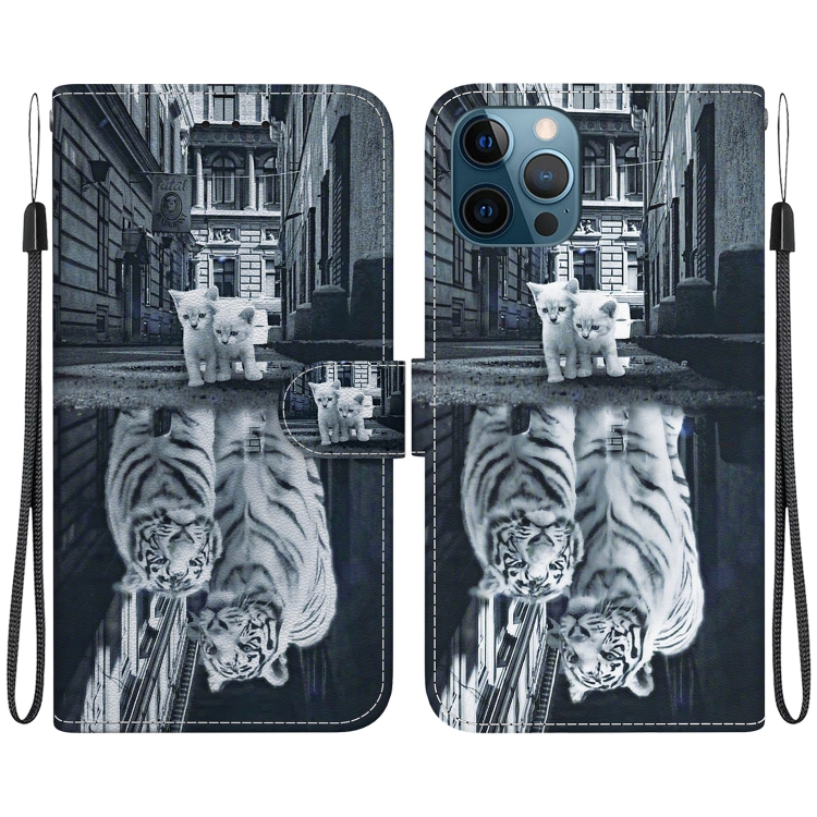 

For iPhone 12 Pro Max Crystal Texture Colored Drawing Leather Phone Case(Cat Tiger Reflection)
