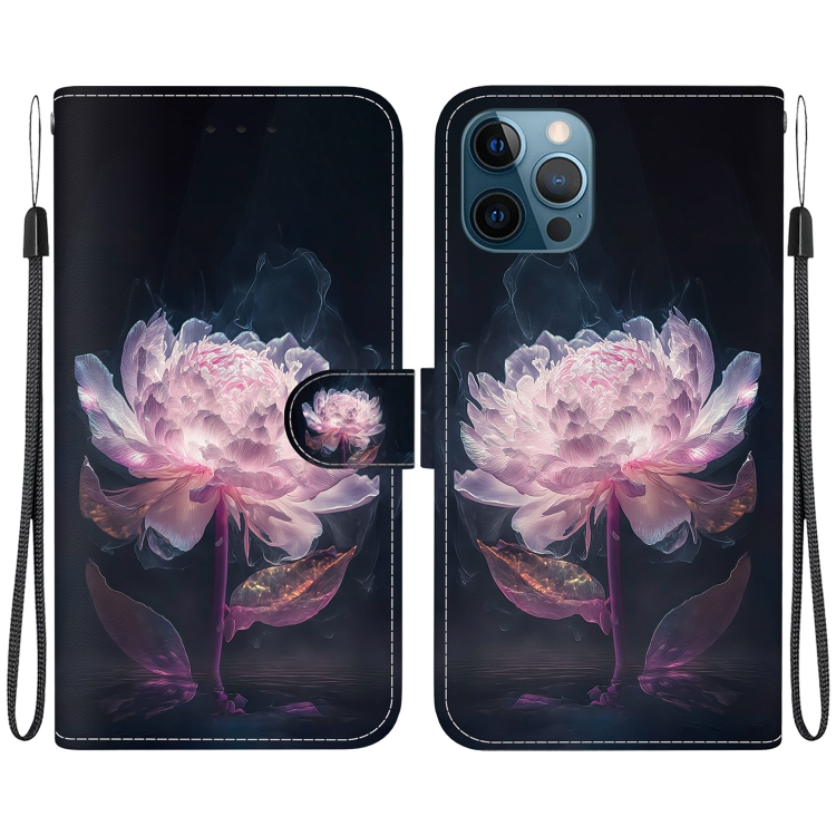 

For iPhone 12 / 12 Pro Crystal Texture Colored Drawing Leather Phone Case(Purple Peony)