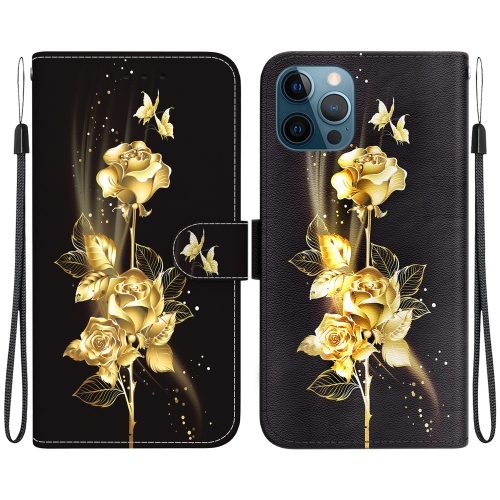 

For iPhone 12 / 12 Pro Crystal Texture Colored Drawing Leather Phone Case(Gold Butterfly Rose)