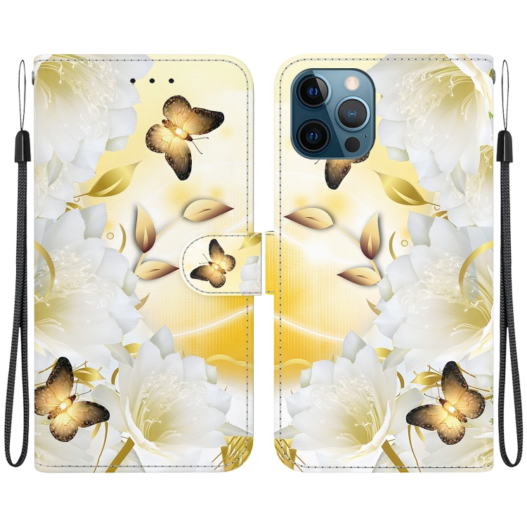 

For iPhone 12 / 12 Pro Crystal Texture Colored Drawing Leather Phone Case(Gold Butterfly Epiphyllum)