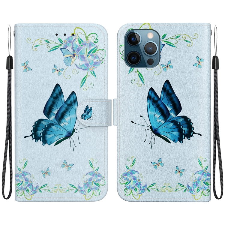 

For iPhone 12 / 12 Pro Crystal Texture Colored Drawing Leather Phone Case(Blue Pansies)