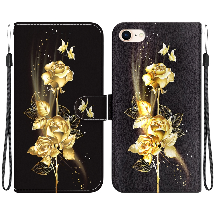 

For iPhone SE 2022 / SE 2020 Crystal Texture Colored Drawing Leather Phone Case(Gold Butterfly Rose)