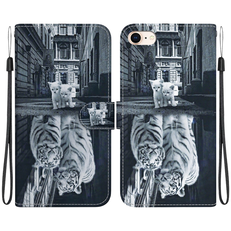

For iPhone SE 2022 / SE 2020 Crystal Texture Colored Drawing Leather Phone Case(Cat Tiger Reflection)