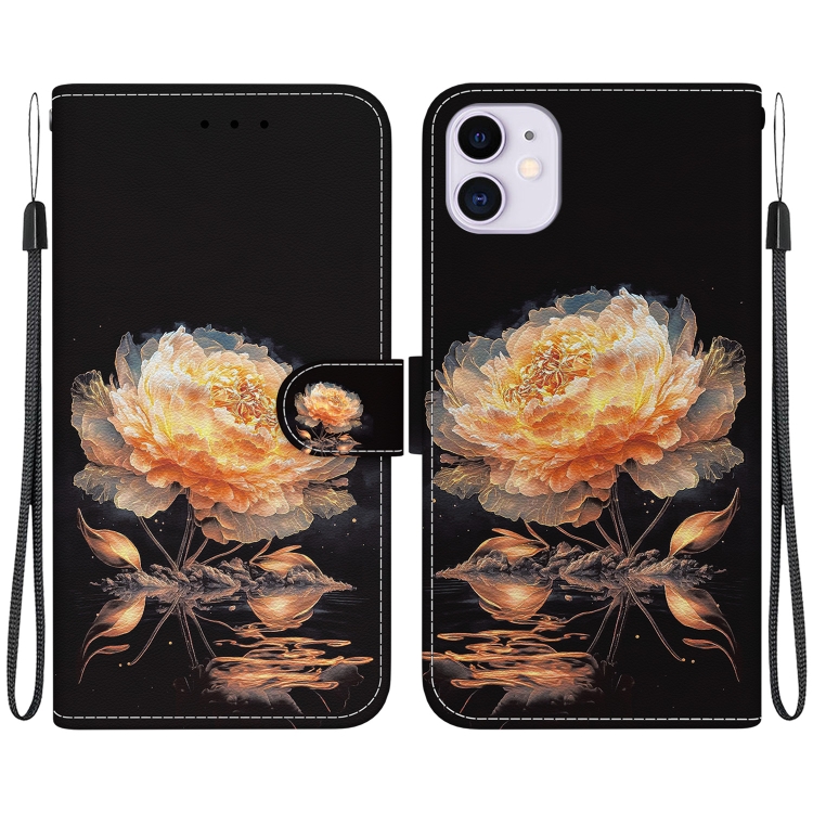

For iPhone 11 Crystal Texture Colored Drawing Leather Phone Case(Gold Peony)