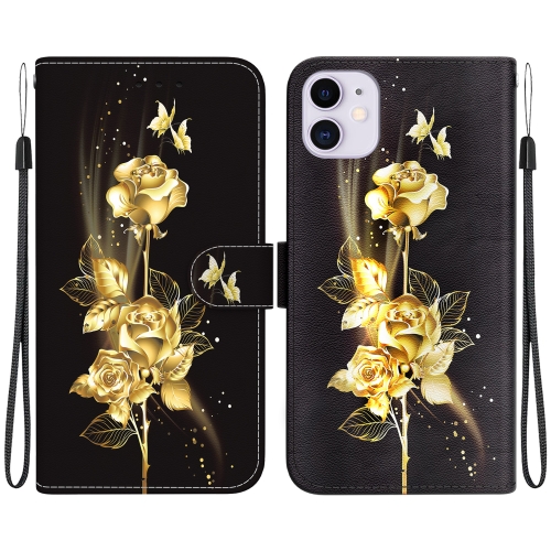 

For iPhone 11 Crystal Texture Colored Drawing Leather Phone Case(Gold Butterfly Rose)