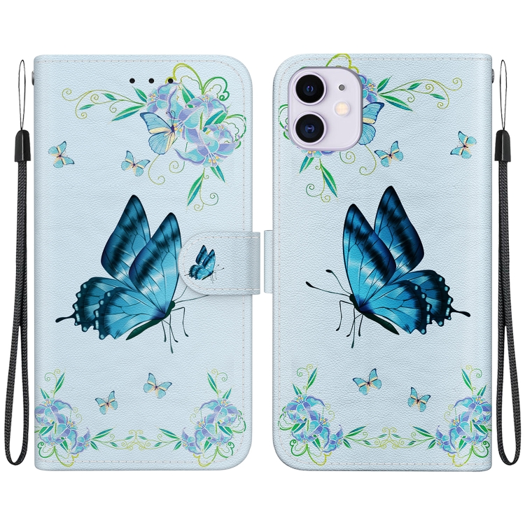 

For iPhone 11 Crystal Texture Colored Drawing Leather Phone Case(Blue Pansies)