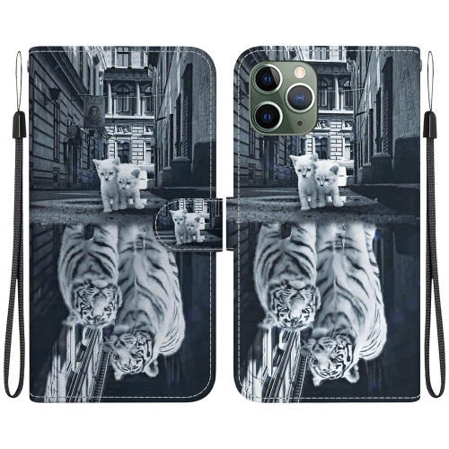 

For iPhone 11 Pro Crystal Texture Colored Drawing Leather Phone Case(Cat Tiger Reflection)