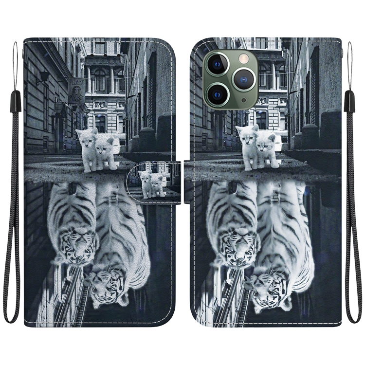

For iPhone 11 Pro Max Crystal Texture Colored Drawing Leather Phone Case(Cat Tiger Reflection)