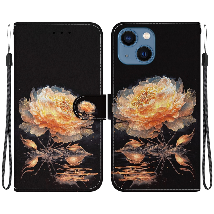 

For iPhone 13 Crystal Texture Colored Drawing Leather Phone Case(Gold Peony)