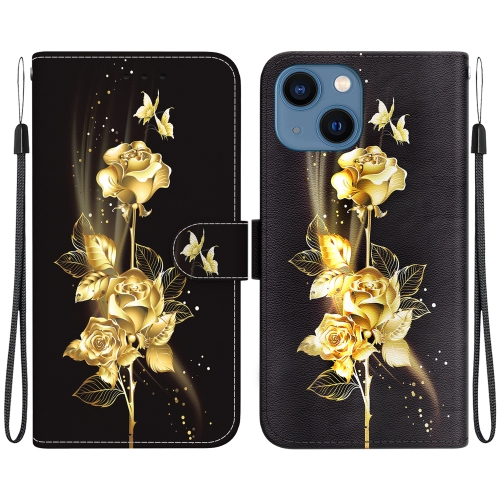 

For iPhone 13 Crystal Texture Colored Drawing Leather Phone Case(Gold Butterfly Rose)