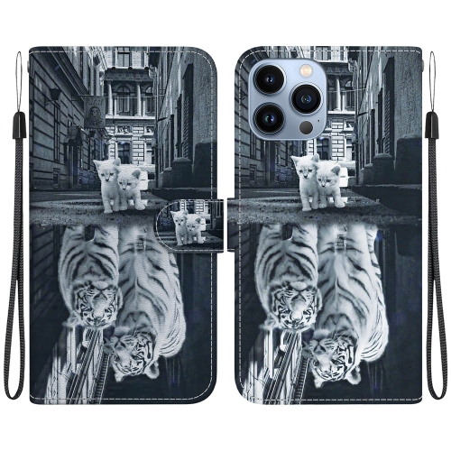 

For iPhone 13 Pro Crystal Texture Colored Drawing Leather Phone Case(Cat Tiger Reflection)