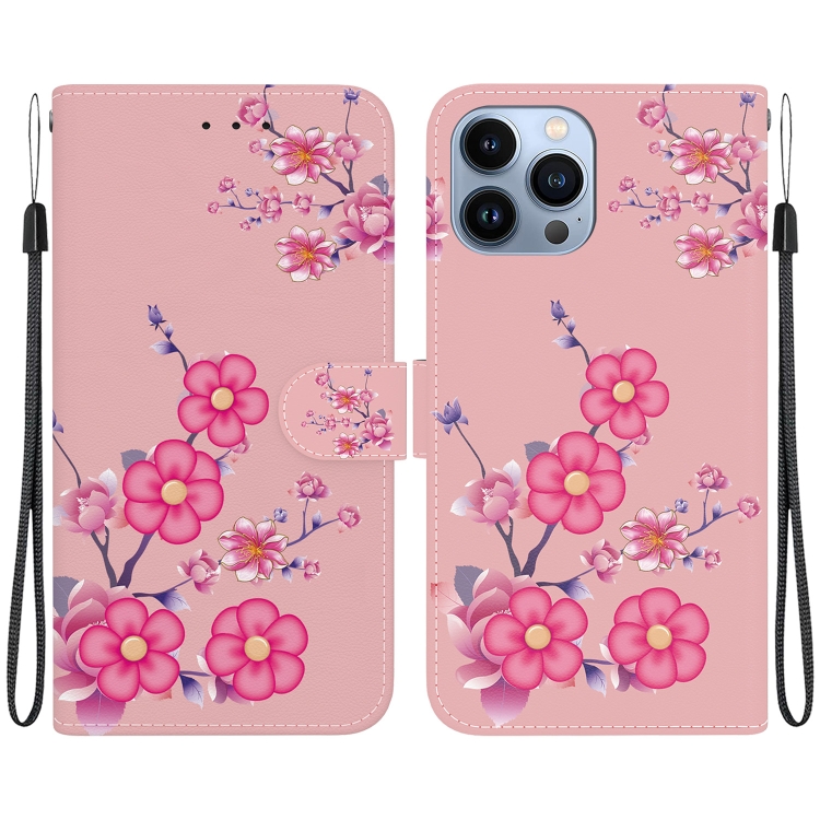 

For iPhone 13 Pro Crystal Texture Colored Drawing Leather Phone Case(Cherry Blossoms)