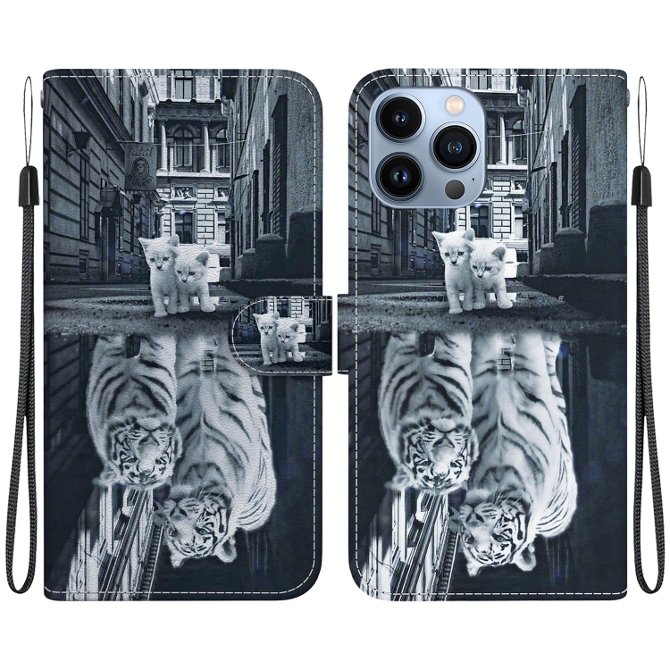 

For iPhone 13 Pro Max Crystal Texture Colored Drawing Leather Phone Case(Cat Tiger Reflection)