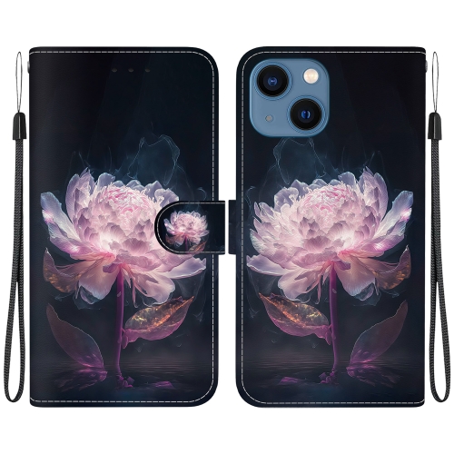 

For iPhone 14 Crystal Texture Colored Drawing Leather Phone Case(Purple Peony)