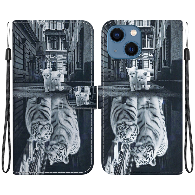 

For iPhone 14 Crystal Texture Colored Drawing Leather Phone Case(Cat Tiger Reflection)