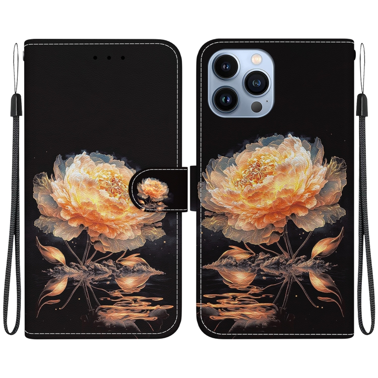 

For iPhone 14 Pro Max Crystal Texture Colored Drawing Leather Phone Case(Gold Peony)