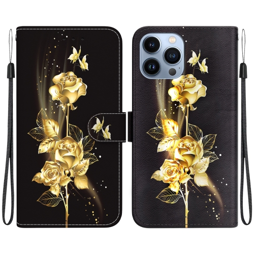 

For iPhone 14 Pro Max Crystal Texture Colored Drawing Leather Phone Case(Gold Butterfly Rose)