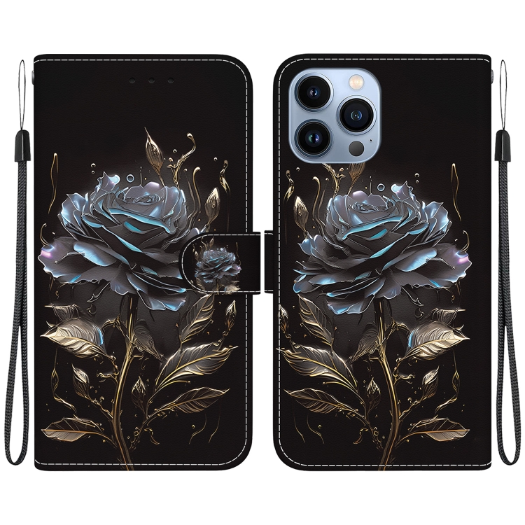

For iPhone 14 Pro Max Crystal Texture Colored Drawing Leather Phone Case(Black Rose)