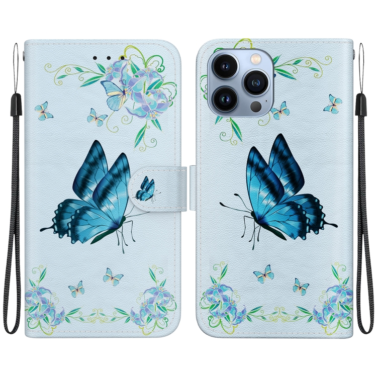 

For iPhone 14 Pro Max Crystal Texture Colored Drawing Leather Phone Case(Blue Pansies)