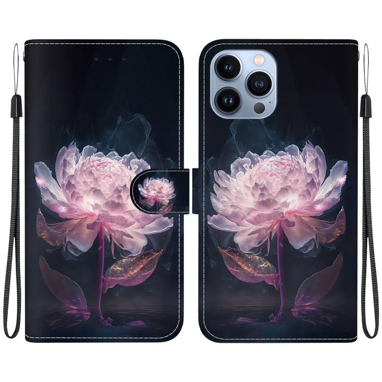 

For iPhone 14 Pro Crystal Texture Colored Drawing Leather Phone Case(Purple Peony)