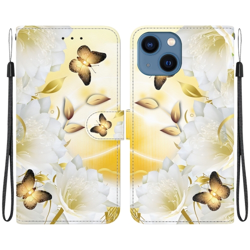 

For iPhone 15 Crystal Texture Colored Drawing Leather Phone Case(Gold Butterfly Epiphyllum)