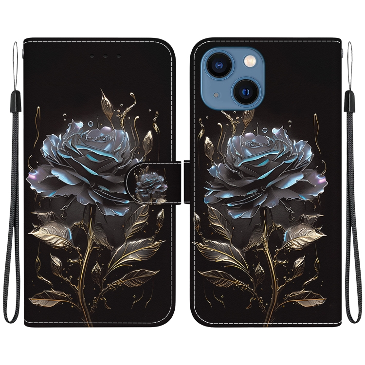 

For iPhone 15 Plus Crystal Texture Colored Drawing Leather Phone Case(Black Rose)