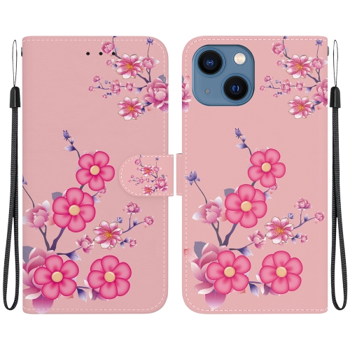 

For iPhone 15 Plus Crystal Texture Colored Drawing Leather Phone Case(Cherry Blossoms)