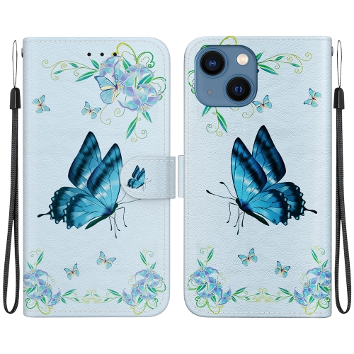 

For iPhone 15 Plus Crystal Texture Colored Drawing Leather Phone Case(Blue Pansies)