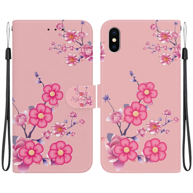 

For iPhone XS / X Crystal Texture Colored Drawing Leather Phone Case(Cherry Blossoms)