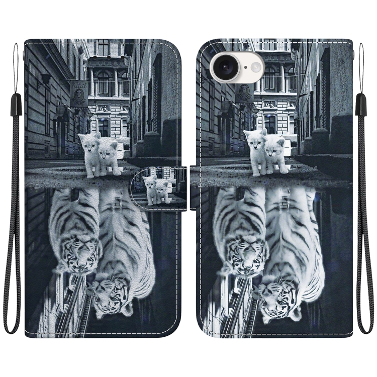 

For iPhone 16e Crystal Texture Colored Drawing Leather Phone Case(Cat Tiger Reflection)