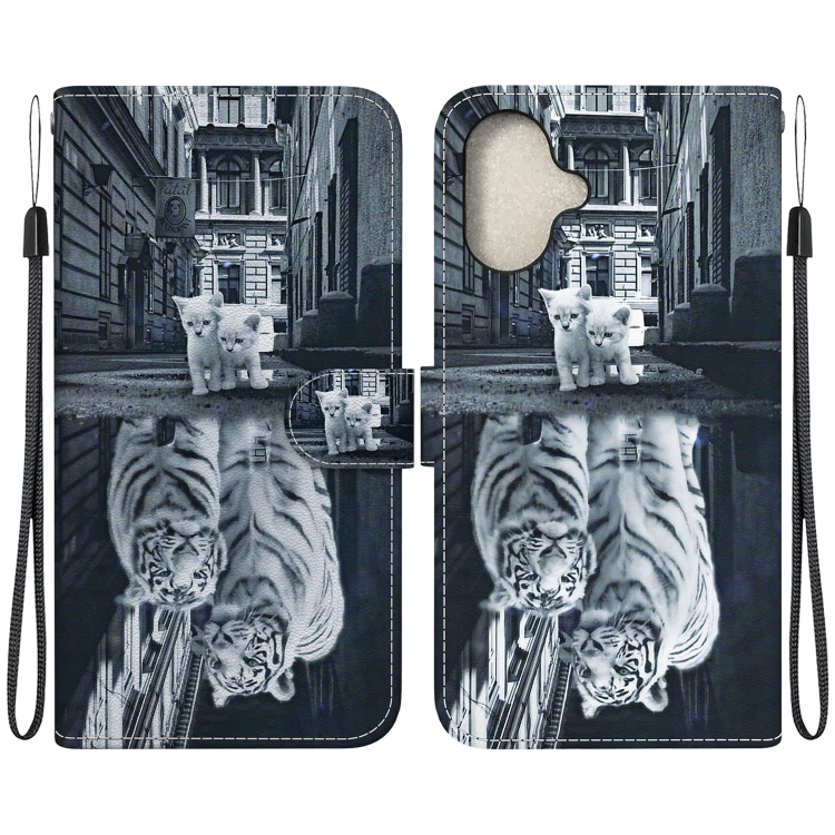 

For iPhone 16 Crystal Texture Colored Drawing Leather Phone Case(Cat Tiger Reflection)