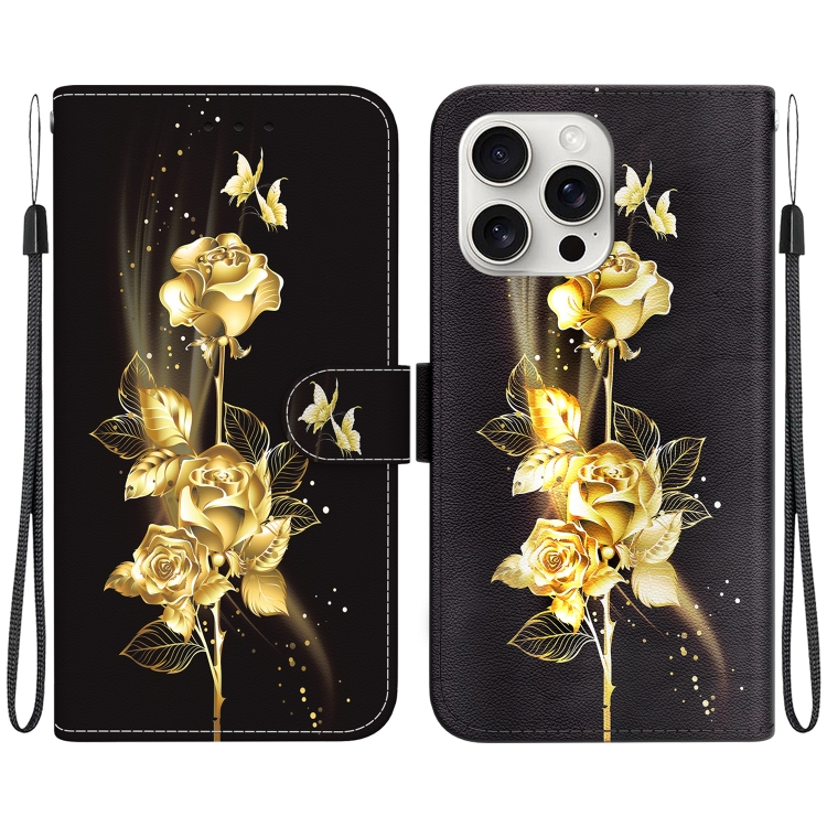 

For iPhone 16 Pro Crystal Texture Colored Drawing Leather Phone Case(Gold Butterfly Rose)
