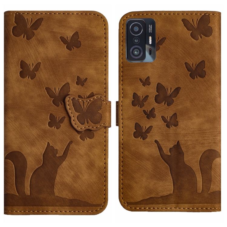 

For Xiaomi 11T Pro Butterfly Cat Embossing Flip Leather Phone Case(Brown)