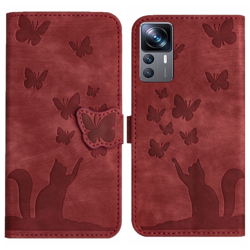 

For Xiaomi 12T / 12T Pro Butterfly Cat Embossing Flip Leather Phone Case(Red)