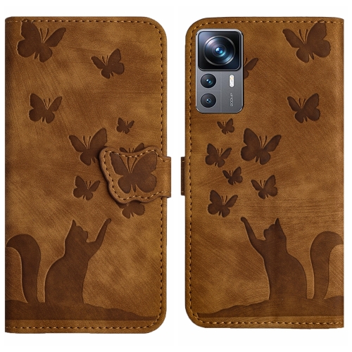 

For Xiaomi 12T / 12T Pro Butterfly Cat Embossing Flip Leather Phone Case(Brown)