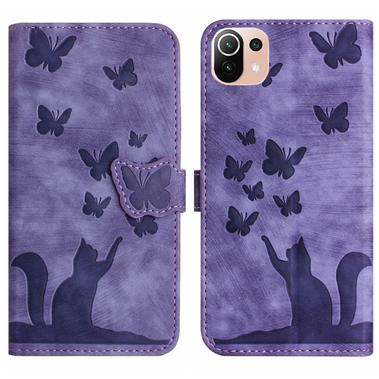 

For Xiaomi Mi 11 Lite Butterfly Cat Embossing Flip Leather Phone Case(Purple)