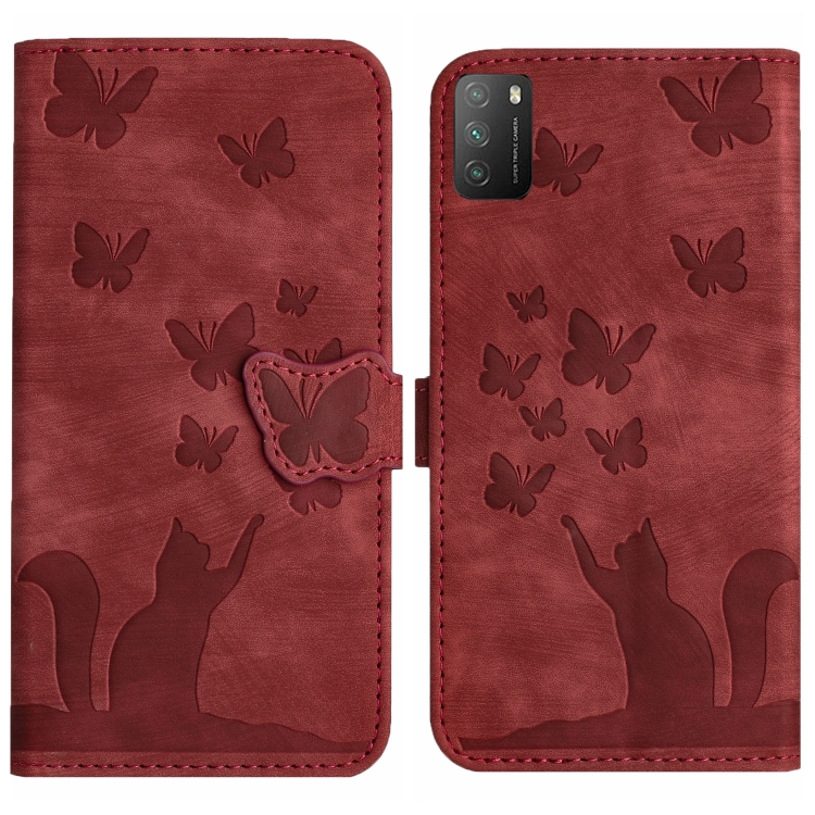 

For Xiaomi Poco M3/Redmi Note 9 4G Butterfly Cat Embossing Flip Leather Phone Case(Red)