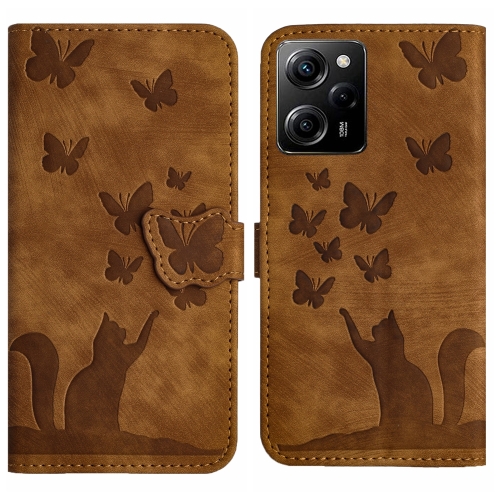 

For Xiaomi Poco X5 Pro / Redmi Note 12 Pro 5G Butterfly Cat Embossing Flip Leather Phone Case(Brown)