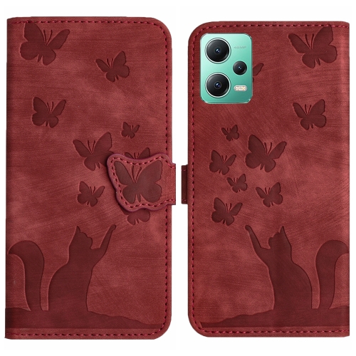 

For Xiaomi Poco X5 / Redmi Note 12 5G Butterfly Cat Embossing Flip Leather Phone Case(Red)