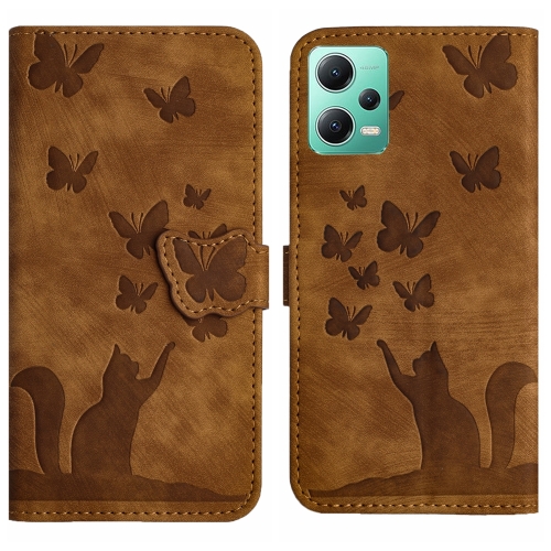 

For Xiaomi Poco X5 / Redmi Note 12 5G Butterfly Cat Embossing Flip Leather Phone Case(Brown)