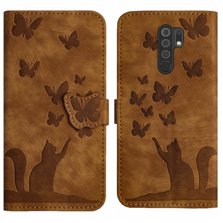 

For Xiaomi Redmi 9 Butterfly Cat Embossing Flip Leather Phone Case(Brown)