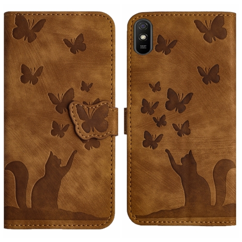 

For Xiaomi Redmi 9A Butterfly Cat Embossing Flip Leather Phone Case(Brown)