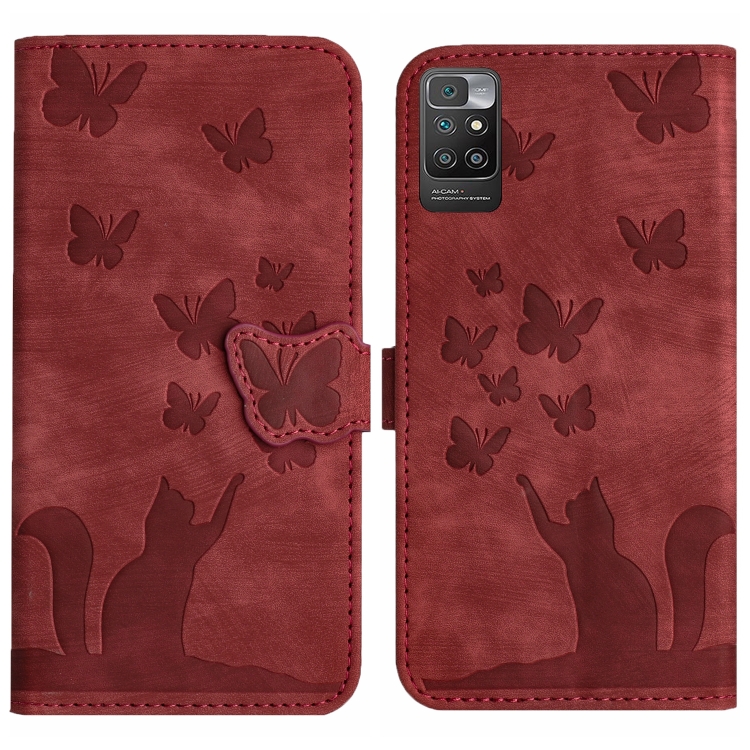 

For Xiaomi Redmi 10 Butterfly Cat Embossing Flip Leather Phone Case(Red)