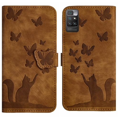 

For Xiaomi Redmi 10 Butterfly Cat Embossing Flip Leather Phone Case(Brown)